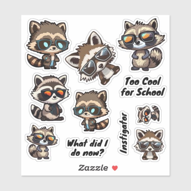 Racoon in Sunglasses, Troublemaker Stickers, Cool (Sheet)