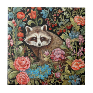 Racoon in the garden inspired by William Morris Tile