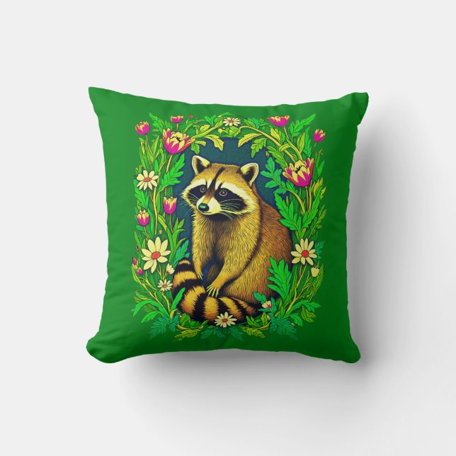 Racoon in the Middle of Wildflower Garden Cushion (Front)