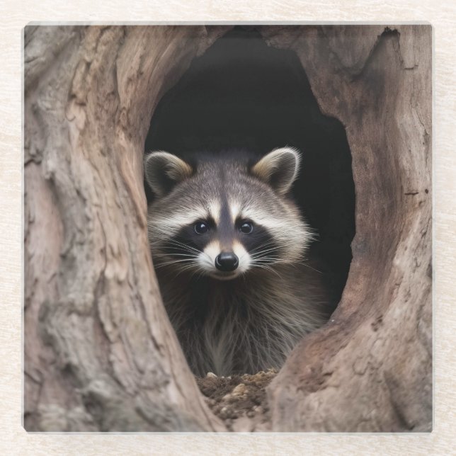 Racoon in Tree Cave  Glass Coaster (Front)