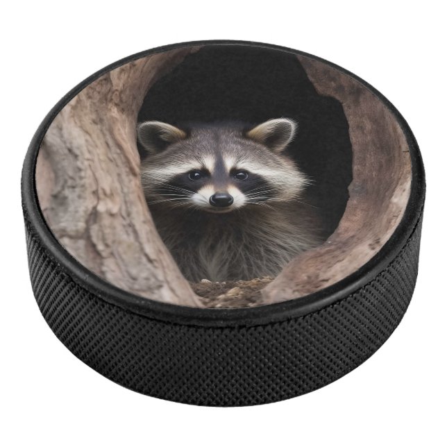 Racoon in Tree Cave  Hockey Puck (3/4)