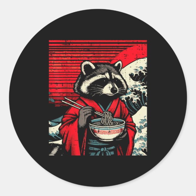 Racoon Kimono Eating Ramen Japanese Food Art Men  Classic Round Sticker (Front)