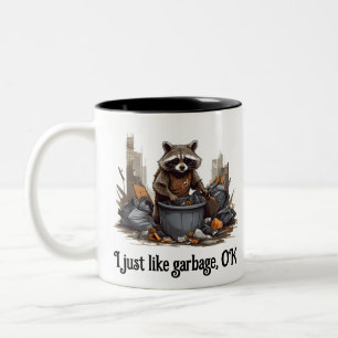Racoon likes garbage Two-Tone coffee mug