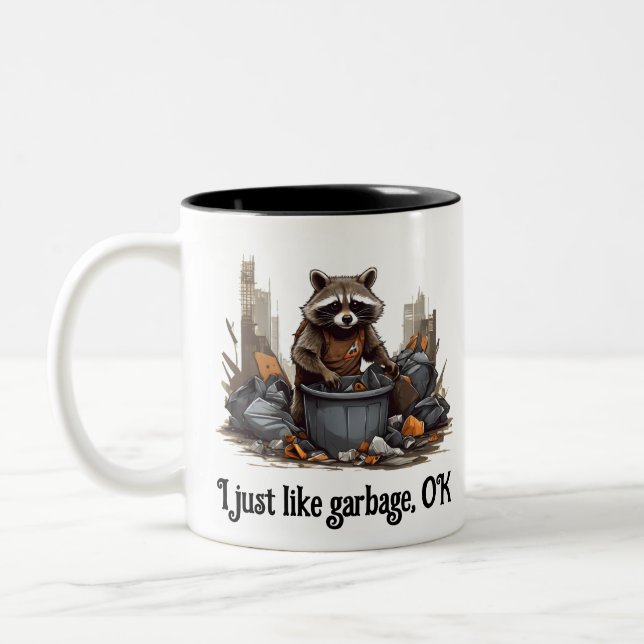 Racoon likes garbage Two-Tone coffee mug (Left)