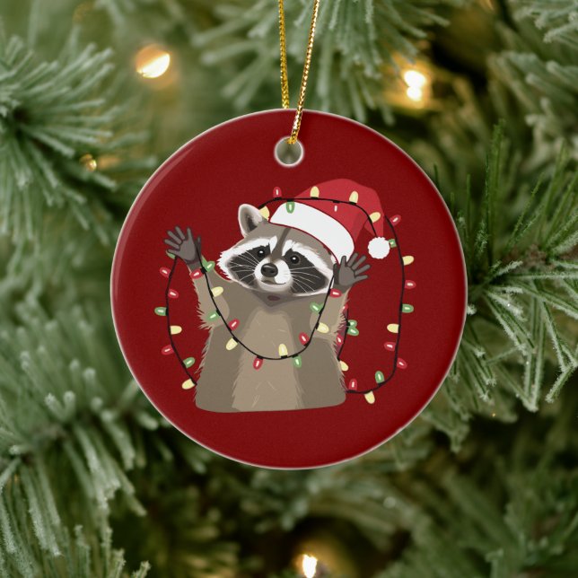 Racoon Lover Christmas Lights Animal Santa Hat  Ceramic Tree Decoration (Tree)