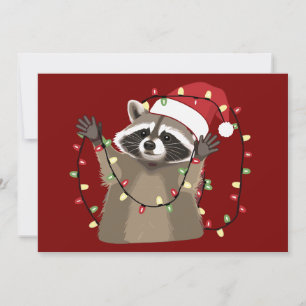 Racoon Lover Christmas Lights Animal Santa Hat  Holiday Card