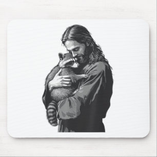 Racoon Lover Trash Panda Christian Jesus Holding A Mouse Mat