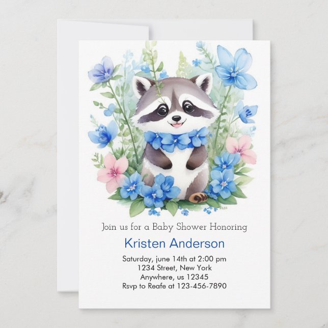 Racoon Meadow Magic Blue Boy Baby Shower Invitation (Front)