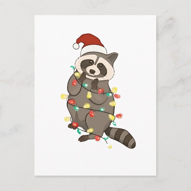 Racoon Merry Christmas Lights Santa Hat Xmas Snow Invitation Postcard (Front)
