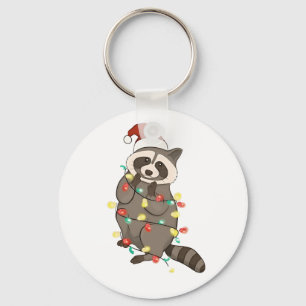 Racoon Merry Christmas Lights Santa Hat Xmas Snow Key Ring