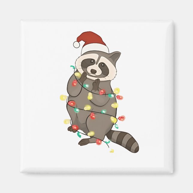 Racoon Merry Christmas Lights Santa Hat Xmas Snow Magnet (Front)