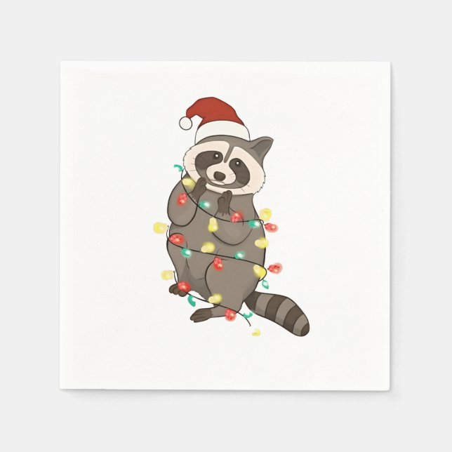 Racoon Merry Christmas Lights Santa Hat Xmas Snow Napkin (Front)