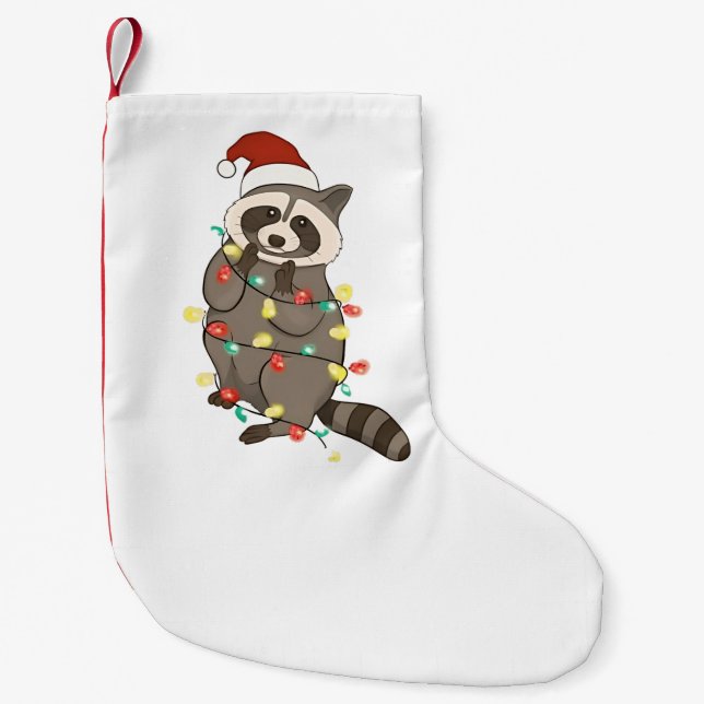Racoon Merry Christmas Lights Santa Hat Xmas Snow Small Christmas Stocking (Front)
