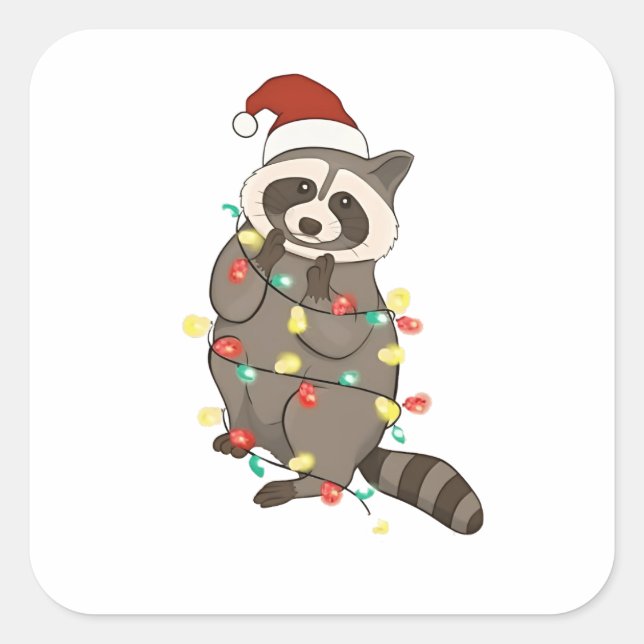 Racoon Merry Christmas Lights Santa Hat Xmas Snow Square Sticker (Front)