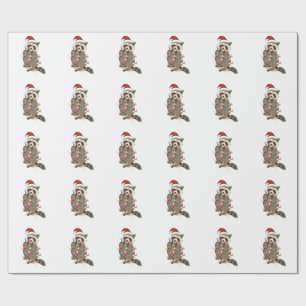 Racoon Merry Christmas Lights Santa Hat Xmas Snow Wrapping Paper