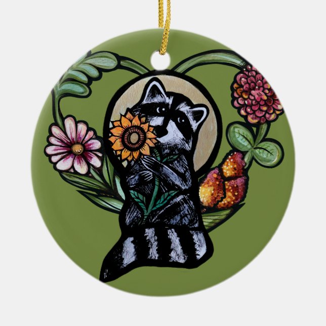 Racoon Nature lovers sunflower art                Ceramic Tree Decoration (Front)
