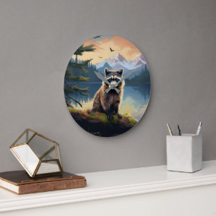 Racoon on a Log Woodland Lake Large Clock