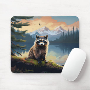 Racoon on a Log Woodland Lake Mouse Mat