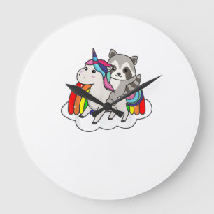 Racoon On Unicorn Rainbow Animals Sweet Unicorns Large Clock