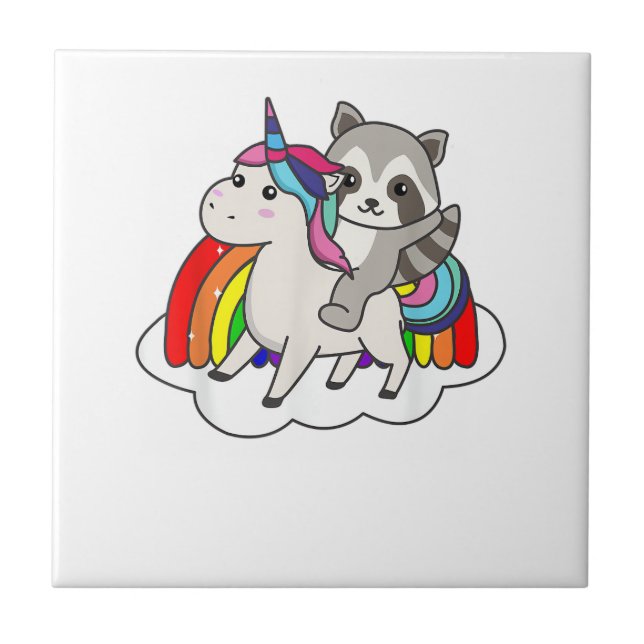 Racoon On Unicorn Rainbow Animals Sweet Unicorns  Tile (Front)