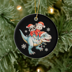Racoon Opossum Riding T Rex Santa Hat Christmas Ceramic Tree Decoration