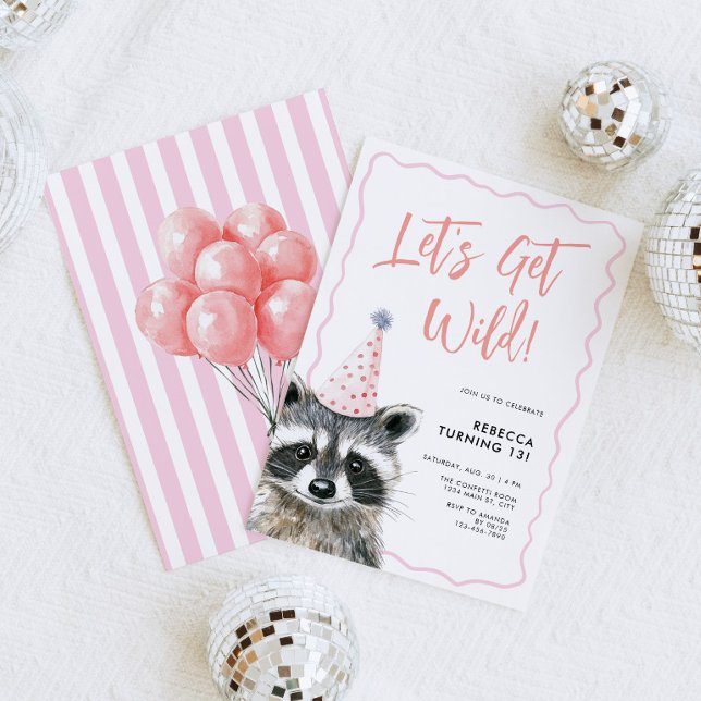 Racoon Party Hat Let's Get Wild Birthday Invitation (Let's Get Wild Raccoon Birthday Invite)