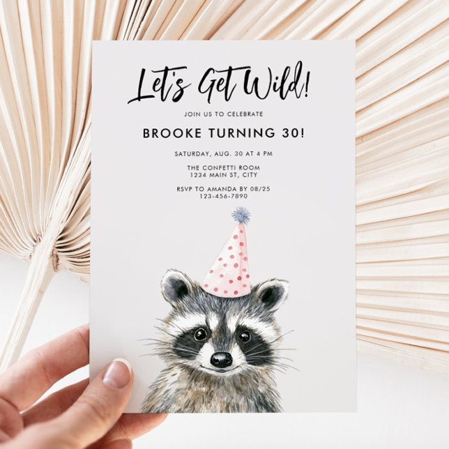 Racoon Party Hat Woodland Birthday Invitation (Raccoon Party Animal Birthday Invite)
