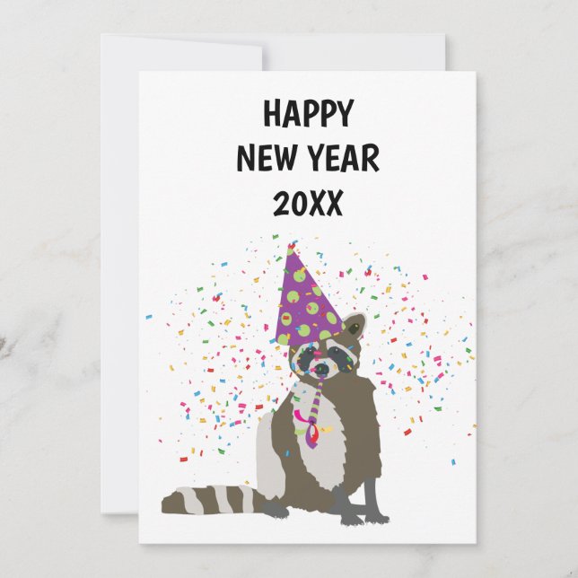 Racoon Partying - Animals Holiday New Years Card (Front)