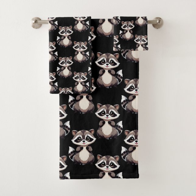 Racoon Pattern Design Black  Bath Towel Set (Insitu)
