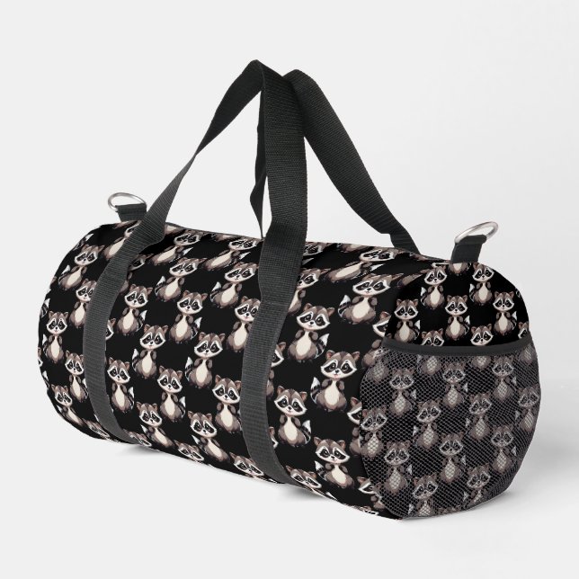 Racoon Pattern Design Black  Duffle Bag (Right Corner)