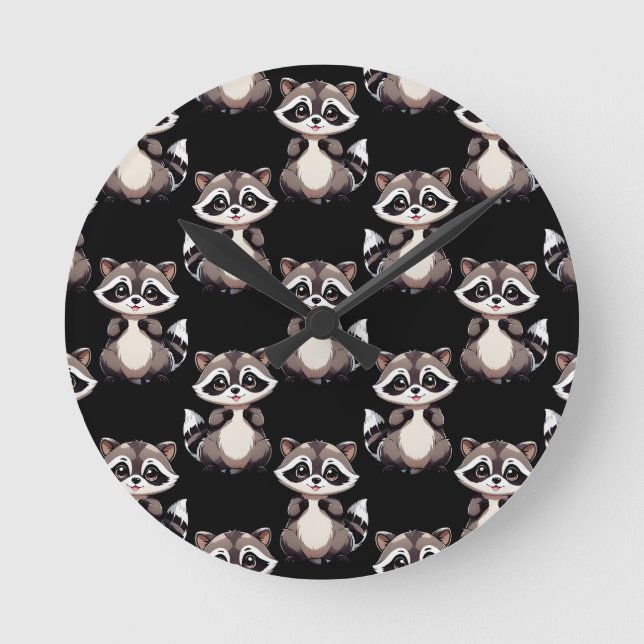 Racoon Pattern Design Black  Round Clock (Front)
