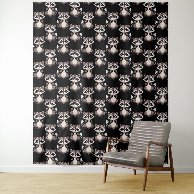 Racoon Pattern Design Black  Tapestry (In Situ)