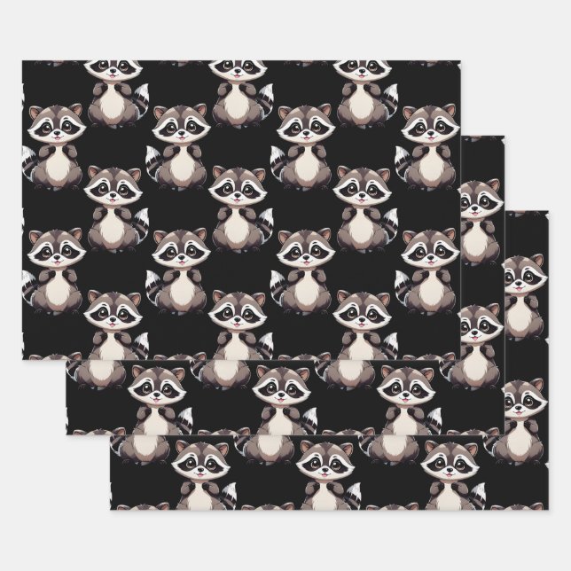 Racoon Pattern Design Black  Wrapping Paper Sheet (Set)