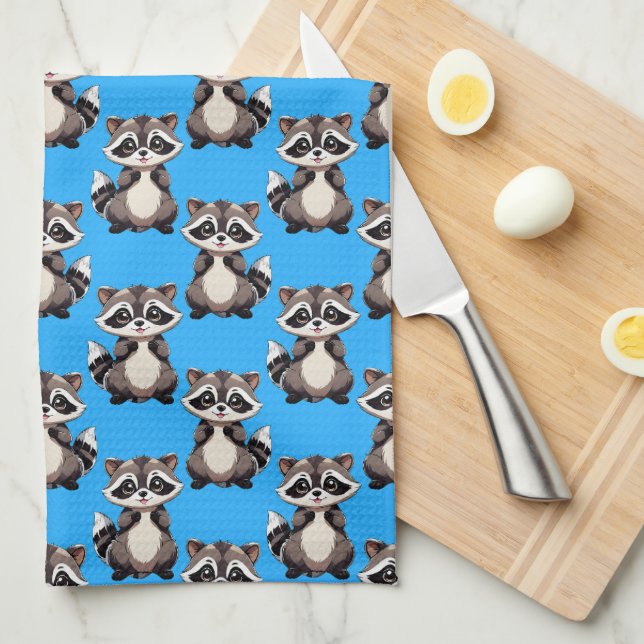 Racoon Pattern Design Blue  Tea Towel (Quarter Fold)