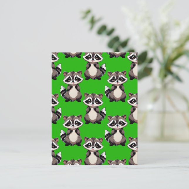 Racoon Pattern Design Green  Postcard (Standing Front)