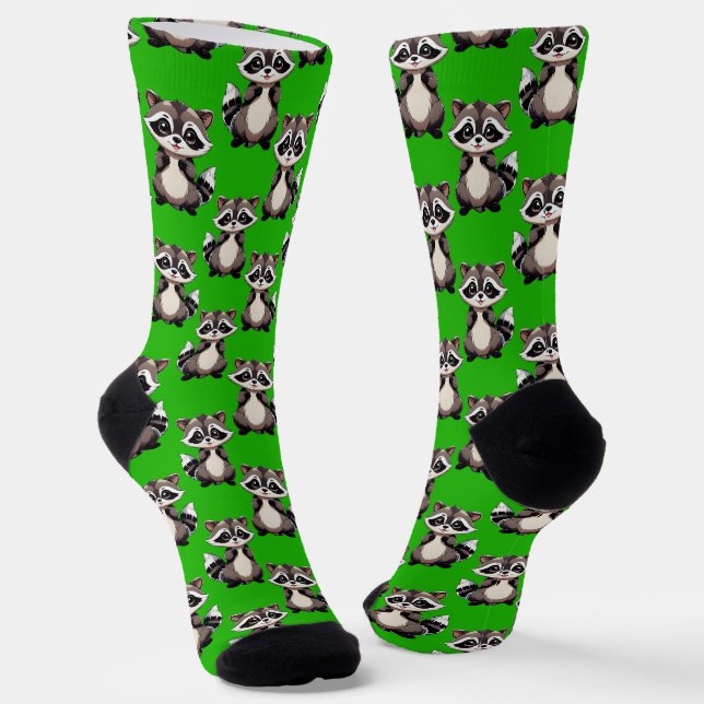 Racoon Pattern Design Green  Socks (Angled)