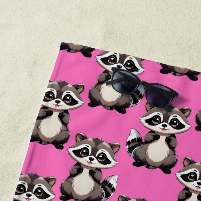 Racoon Pattern Design Pink  Beach Towel (In Situ)