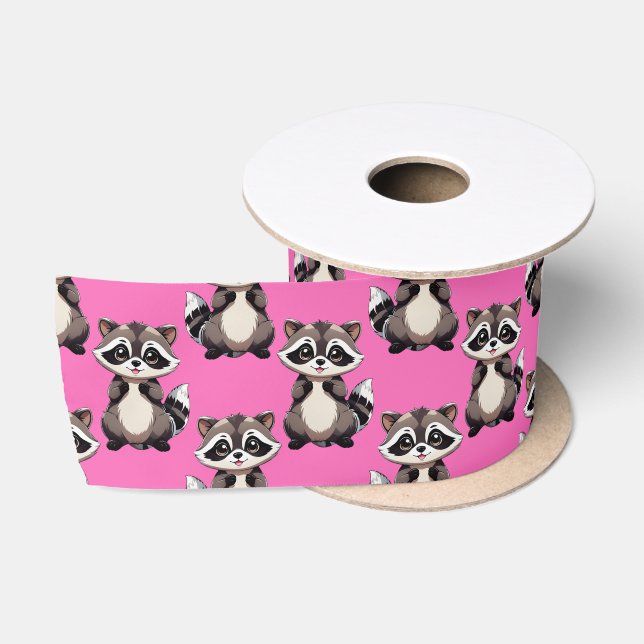 Racoon Pattern Design Pink  Satin Ribbon (Spool)