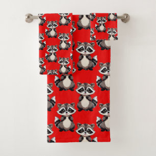 Racoon Pattern Design Red  Bath Towel Set