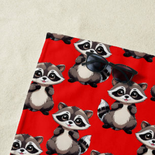 Racoon Pattern Design Red  Beach Towel