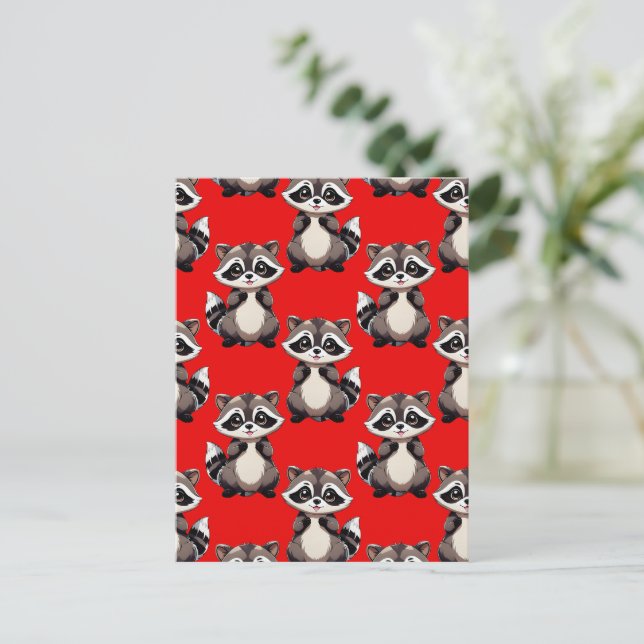 Racoon Pattern Design Red  Postcard (Standing Front)