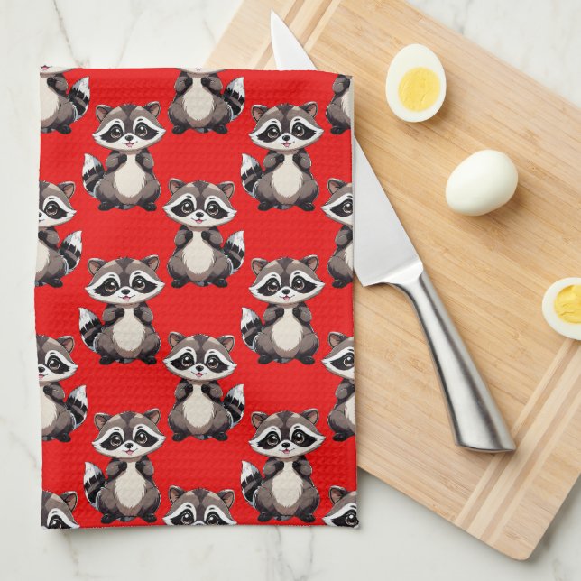 Racoon Pattern Design Red  Tea Towel (Quarter Fold)