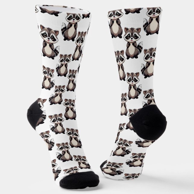 Racoon Pattern Design White  Socks (Angled)