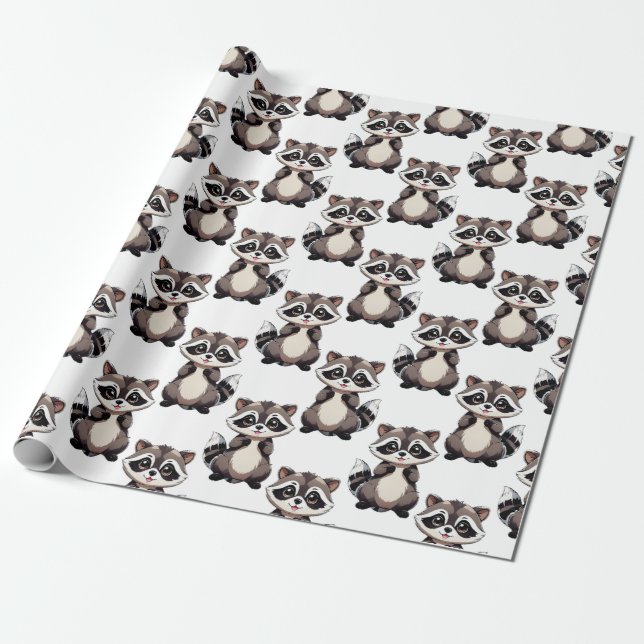 Racoon Pattern Design White  Wrapping Paper (Unrolled)