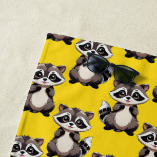 Racoon Pattern Design Yellow  Beach Towel
