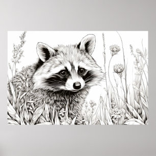 Racoon Peaceful Nature Prairie Sketch Drawing Art Poster