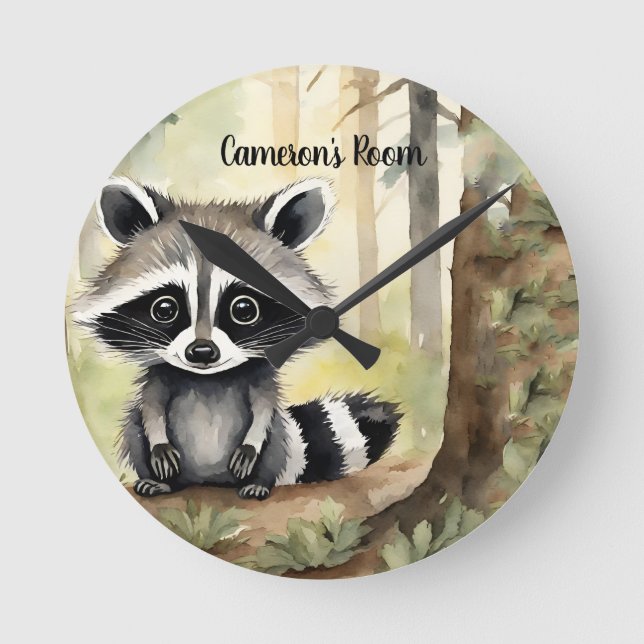 Racoon Personalised Woodland Round Clock (Front)