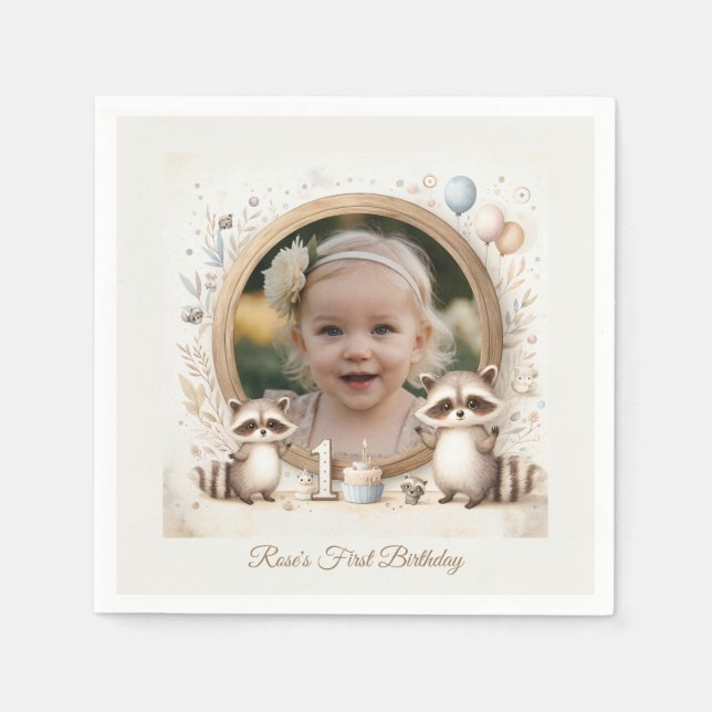 Racoon Photo Frame for Kids' Birthday Parties Napkin (Front)