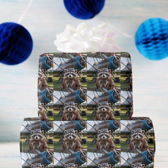 Racoon Pilot Aeroplane Funny Photo Birthday Wrapping Paper (Creator Uploaded)