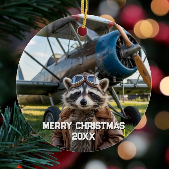 Racoon Pilot Aeroplane Funny Photo Christmas Ceramic Tree Decoration (Creator Uploaded)